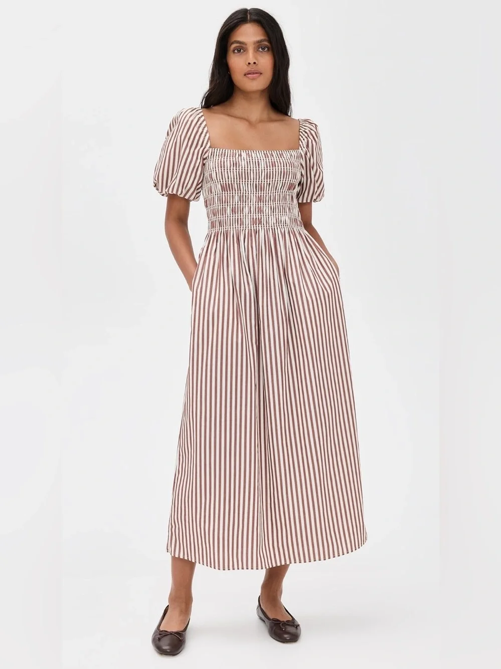 Hill House Julia Nap Dress | Rust Stripe | Cotton Midi | Smocked | Size S - Picture 4 of 12